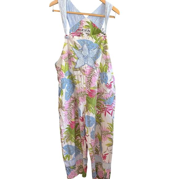 FAITH by Celia Forrester 90s Vintage Pastel Floral Beaded Ankle Length Overalls - Picture 1 of 9